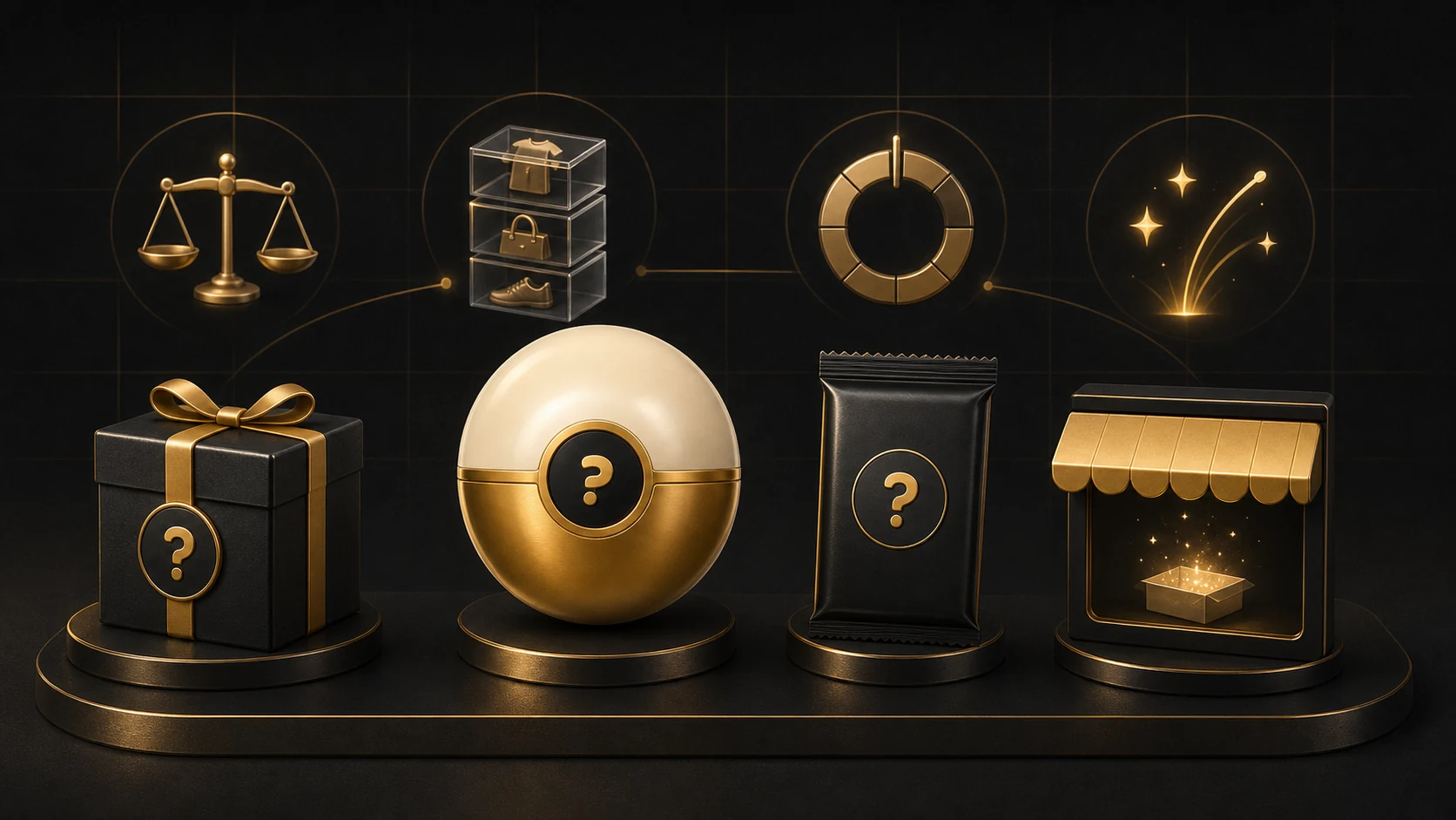 Four gold-and-black mystery commerce formats arranged on an evaluation display.