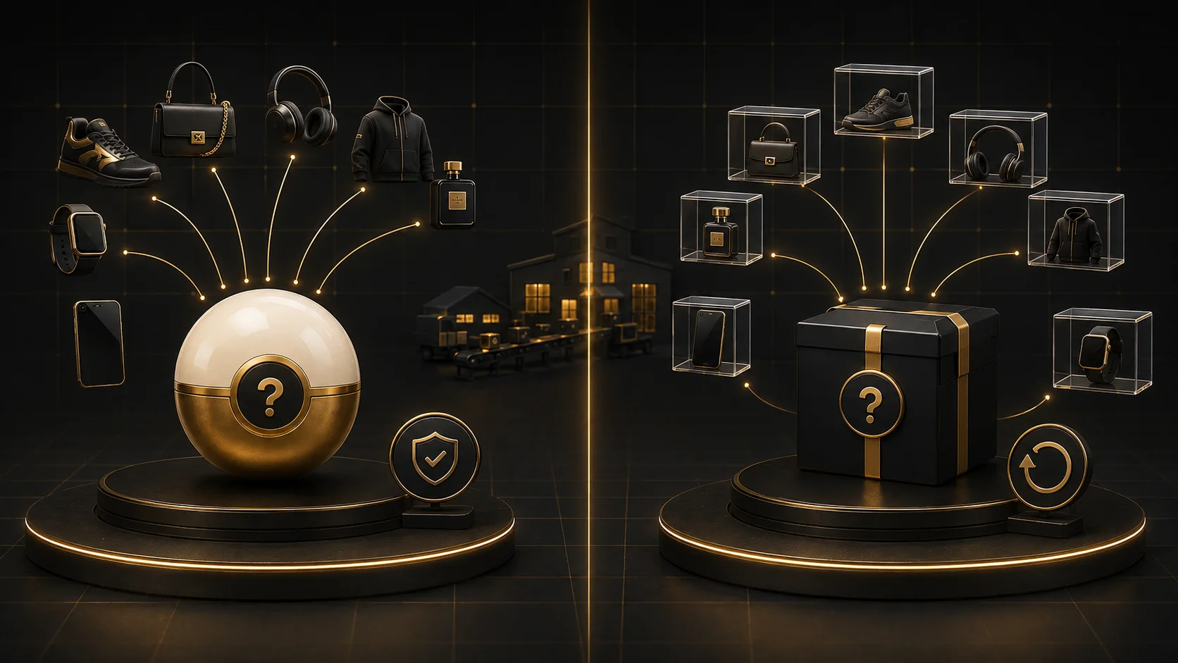 A gold capsule and black gift box shown side by side with product inventories and verification icons.