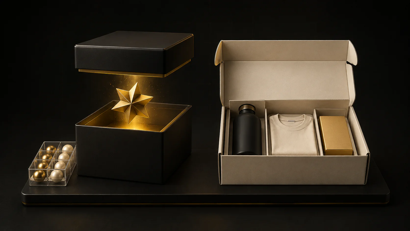 A black mystery box reveals a gold star beside a cream shipping box containing a bottle, folded shirt, and product carton.