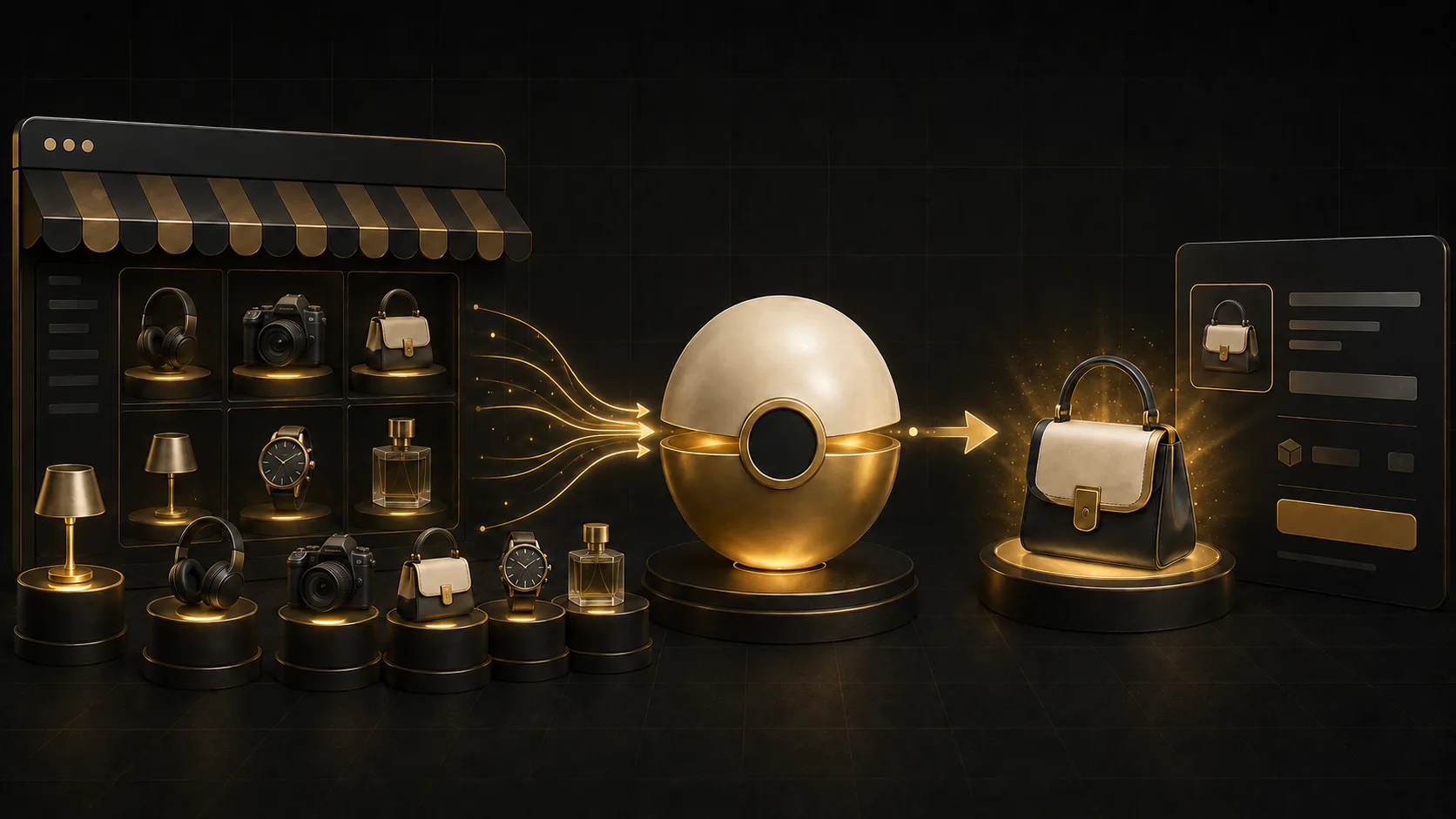 A golden blind box capsule connected to a grid of products in an inventory-backed Shopify pool