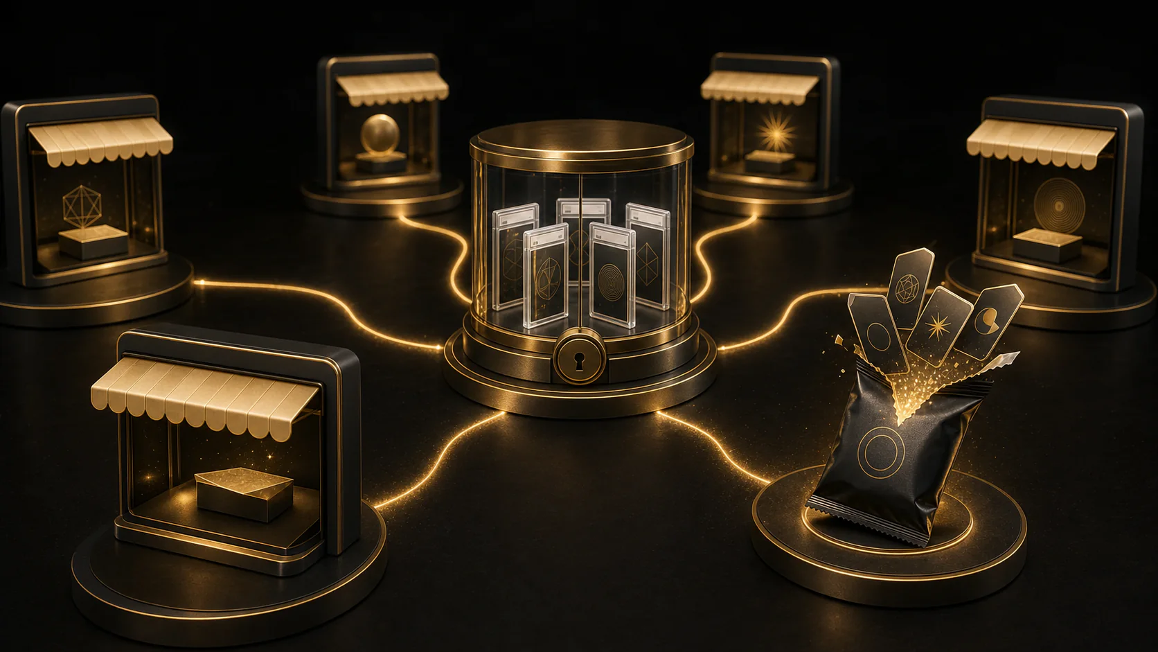 A network of gold pack-opening terminals routes vaulted trading cards through a central reveal.