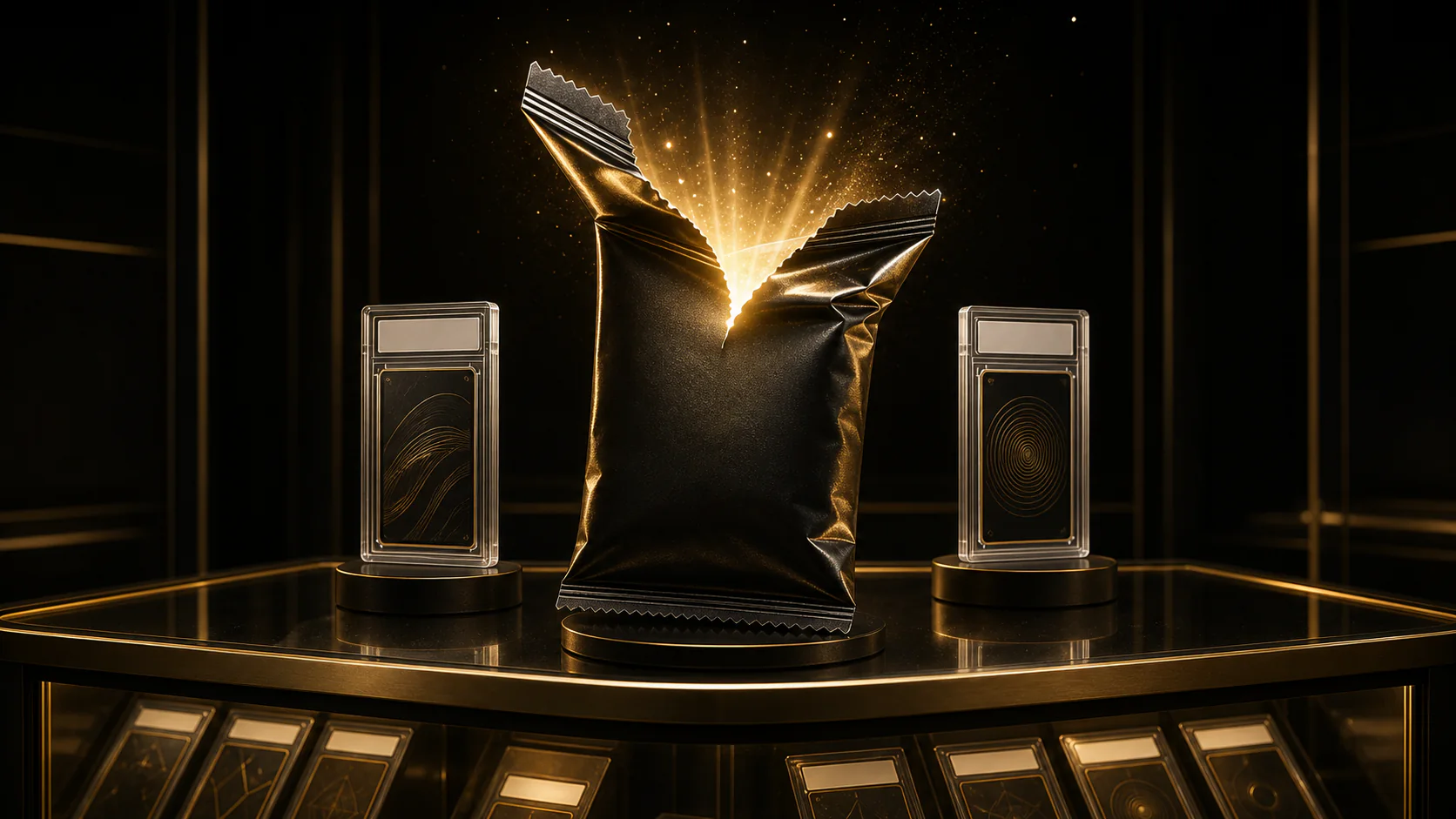 A sealed trading-card pack tears open with golden light on a card-shop display counter, flanked by graded slabs on plinths.
