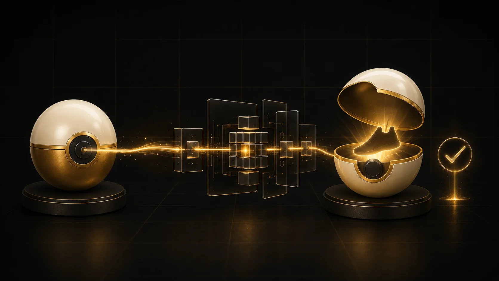 A sealed golden capsule and cryptographic proof marks representing a verifiable blind box draw