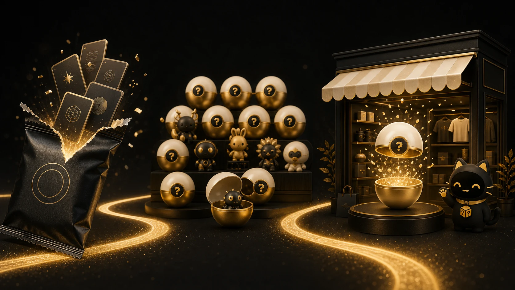A glowing path connects a collectible pack, capsule toys, and a Chancey storefront reveal.