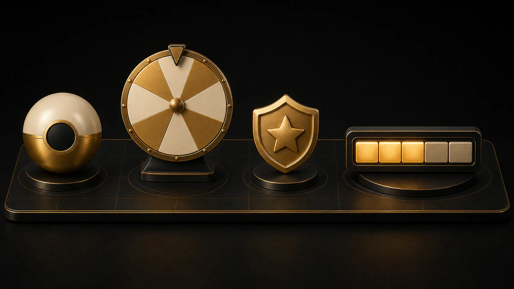 A gacha capsule, prize wheel, loyalty badge, and progress bar arranged as game pieces on a dark display board.
