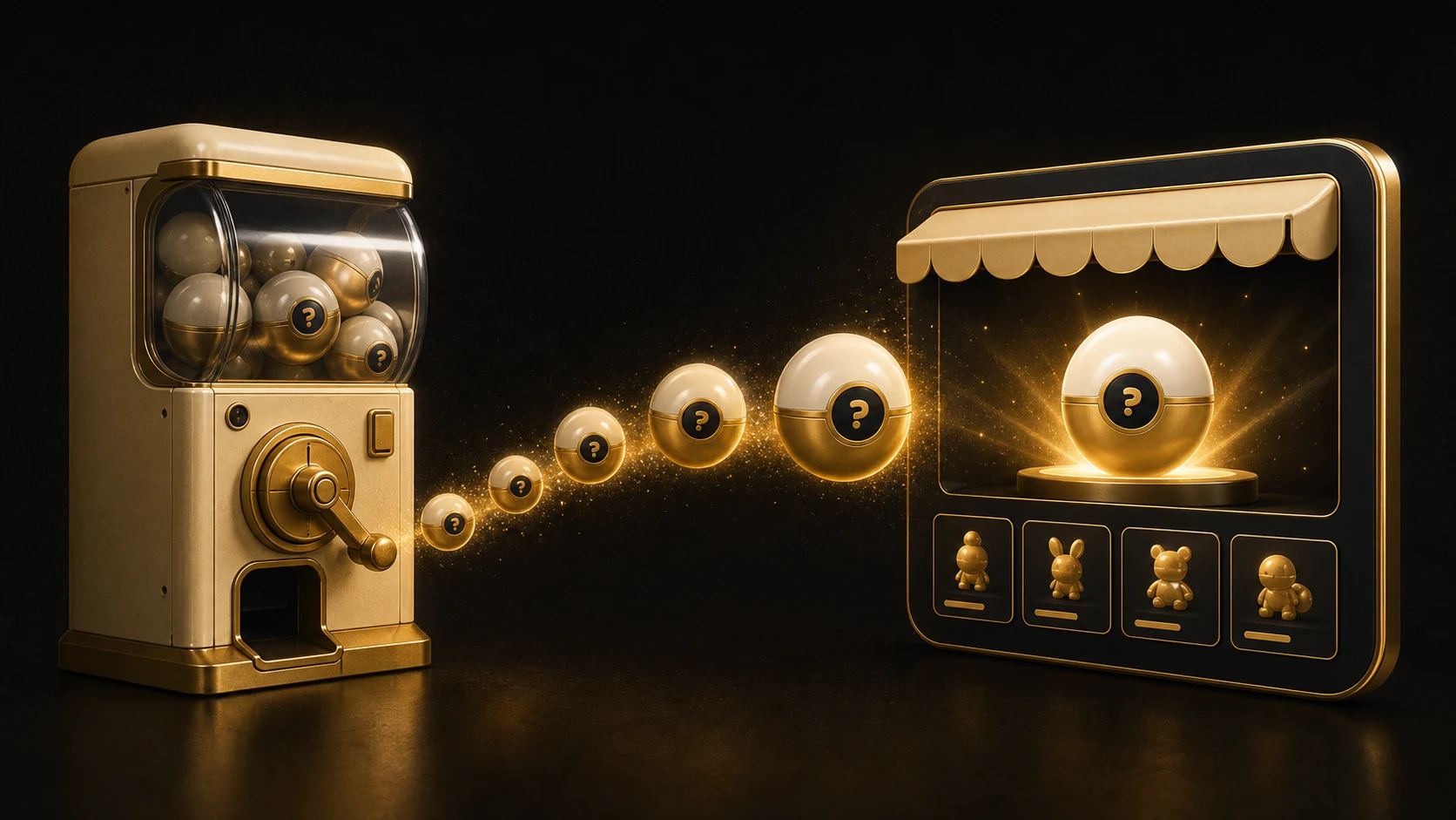 A gold capsule machine sends Chancey capsules toward a glowing online storefront.