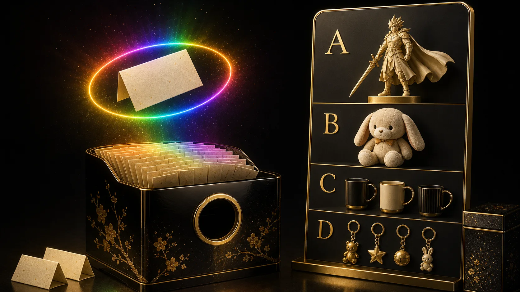 A black-and-gold kuji ticket box and tiered prize board, with the last ticket floating in a glowing rainbow ring.